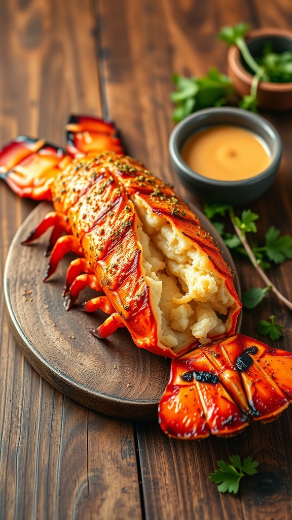 Spicy Cajun Lobster Tail on a wooden platter with lemon and garnishes