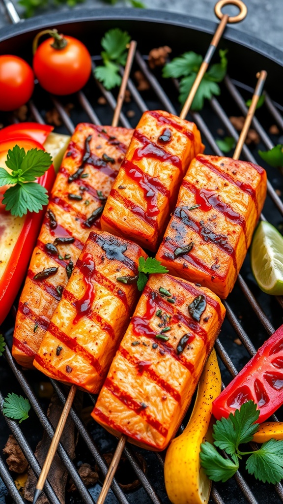 Grilled spicy Cajun salmon skewers with colorful vegetables