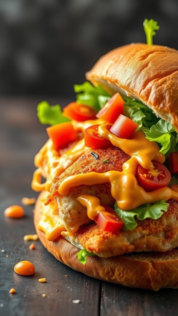 A close-up of a spicy catfish po' boy sandwich with toppings.