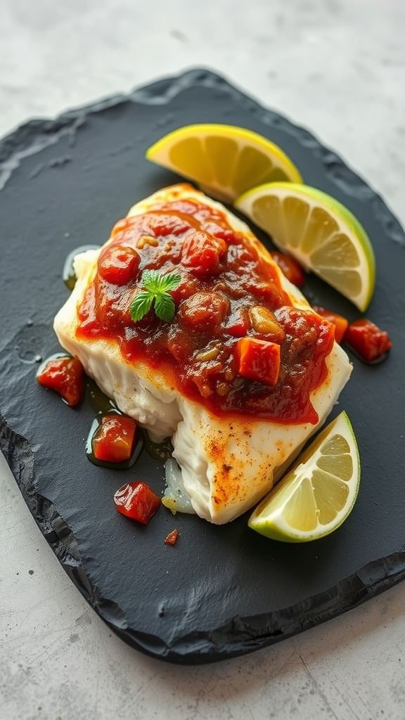 Baked cod with spicy chipotle sauce and crunchy topping