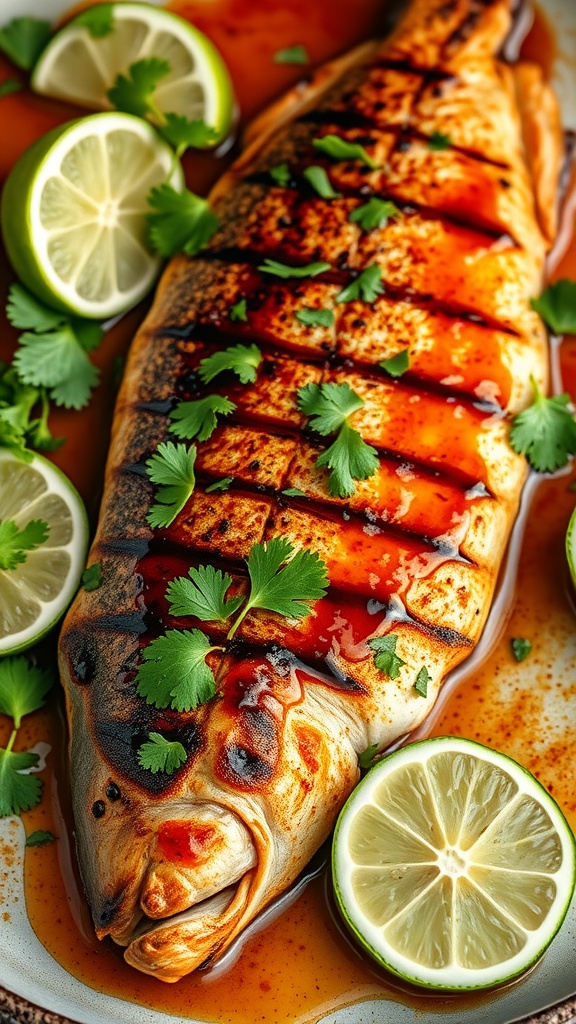 Grilled dorado fish with chipotle glaze, garnished with cilantro and lime slices.