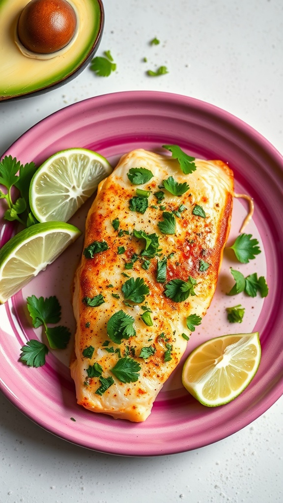 Spicy cilantro lime tilapia served with lime and cilantro garnish