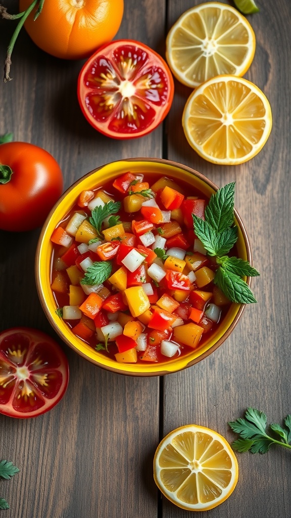 Colorful spicy citrus salsa with chopped vegetables and citrus fruits