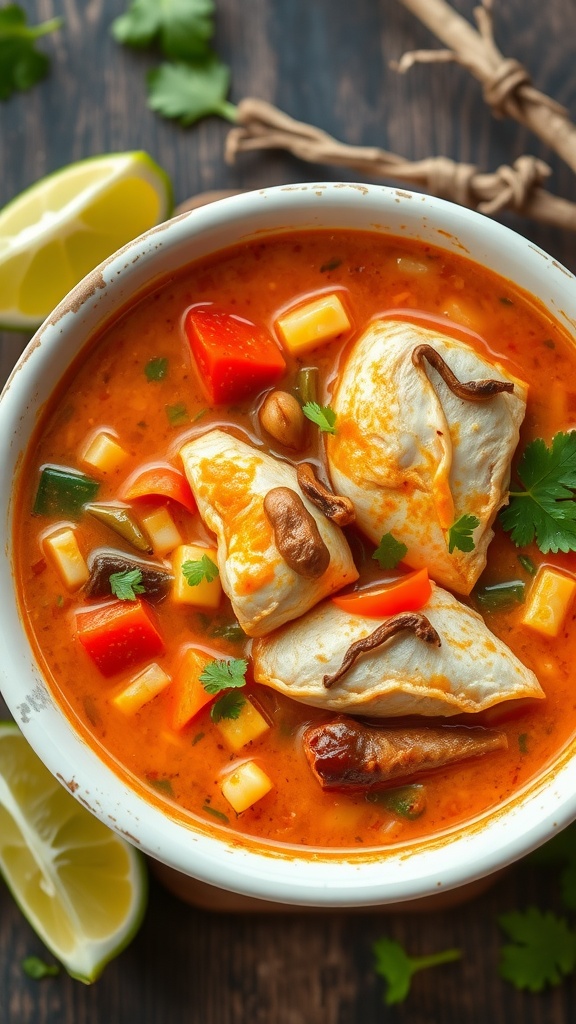 A bowl of spicy coconut fish soup with fish, mussels, bell peppers, and garnished with lime and cilantro.