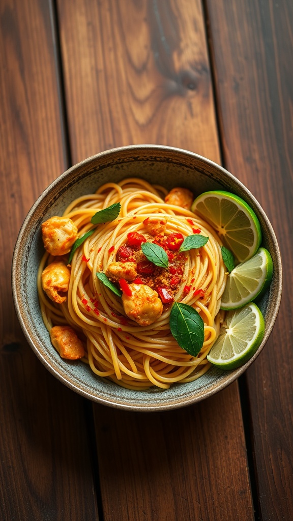 A plate of spaghetti with crab and avocado, garnished with lime and chili flakes.