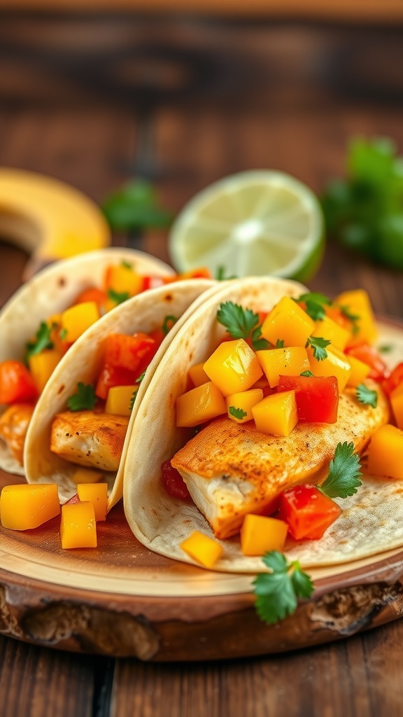Spicy fish tacos topped with mango salsa on a wooden plate