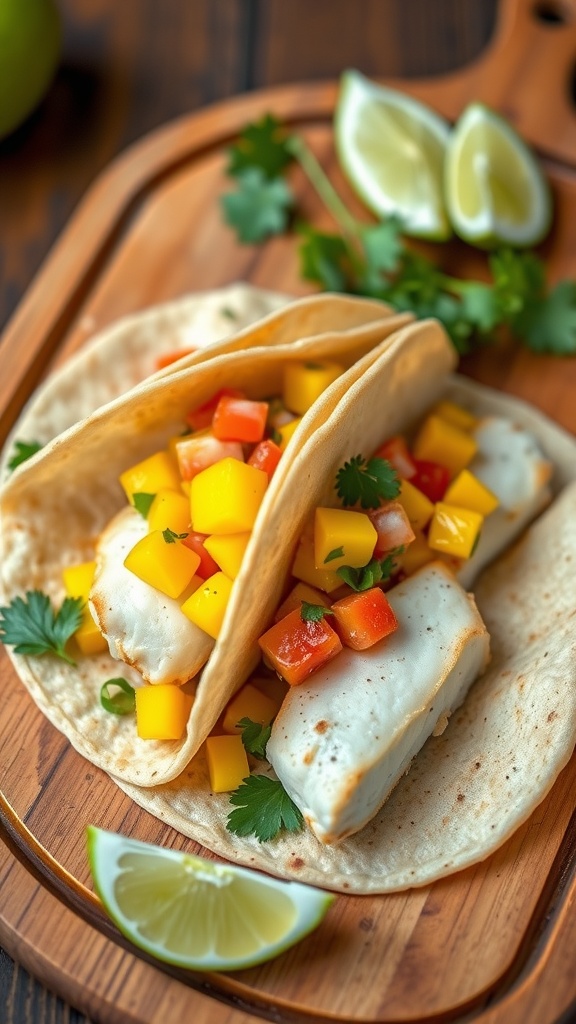 Spicy fish tacos with mango salsa on wooden platter
