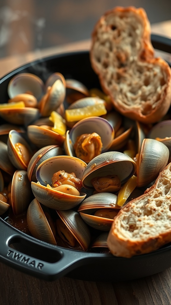 A delicious dish of spicy garlic butter clams served with crusty bread on the side.