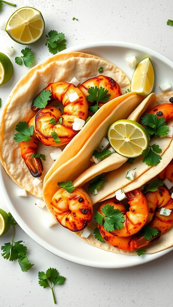 Spicy garlic grilled shrimp tacos with lime and cilantro garnish