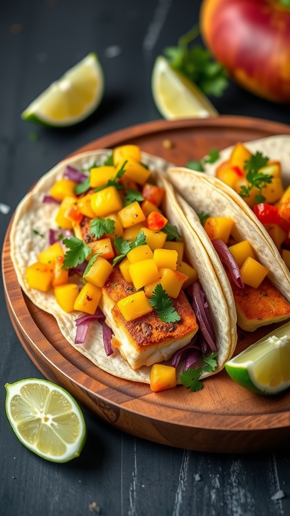 Spicy grilled fish tacos with mango salsa on a wooden plate with lime wedges.