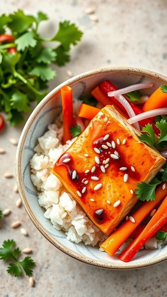 Spicy Honey Garlic Salmon Bowl with rice and colorful vegetables