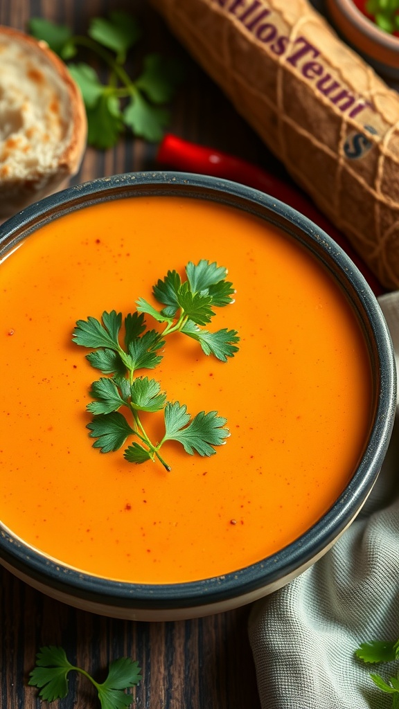 A bowl of spicy lobster bisque garnished with cilantro, served with bread.