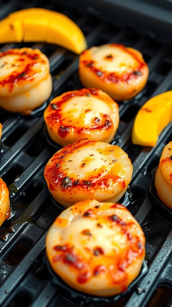 Grilled scallops with mango chili glaze on a grill
