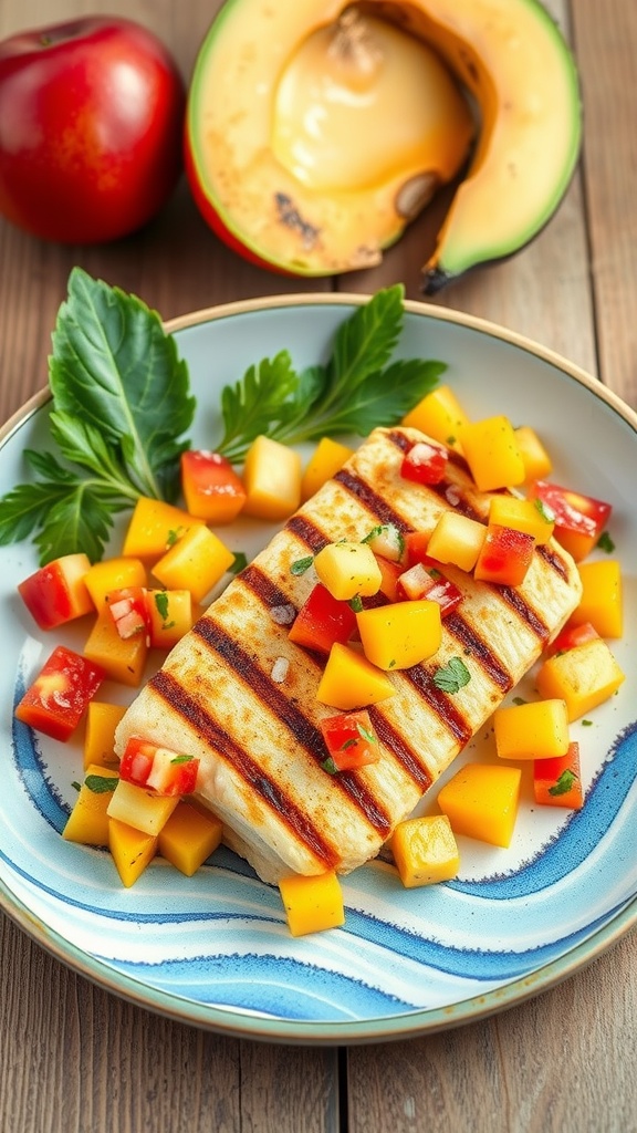 A plate of grilled cod topped with spicy mango salsa, colorful diced mango and red bell peppers, garnished with fresh herbs.