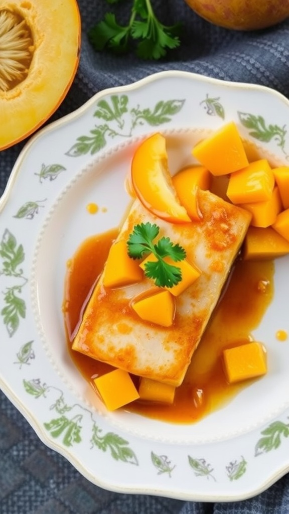 Spicy Mango Glazed Halibut on a plate with mango pieces and cilantro