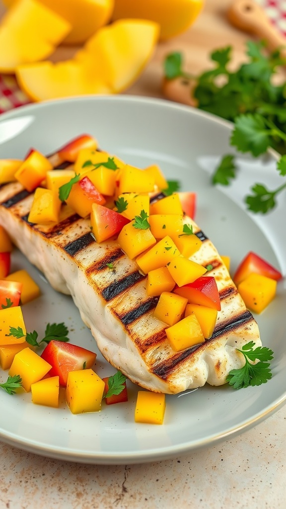 Grilled halibut topped with spicy mango salsa, garnished with cilantro.