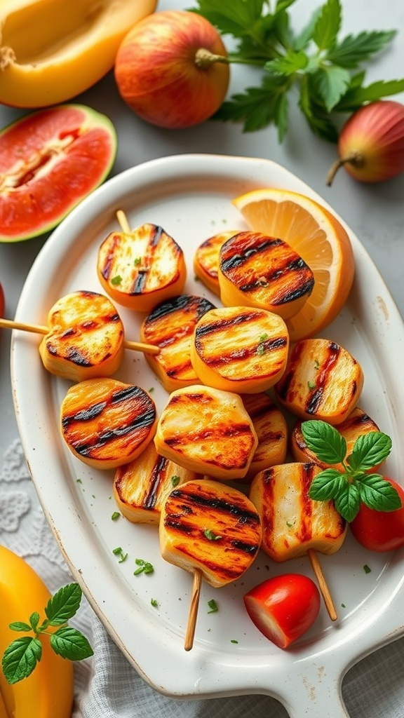 Grilled scallop skewers with mango pieces, garnished with herbs