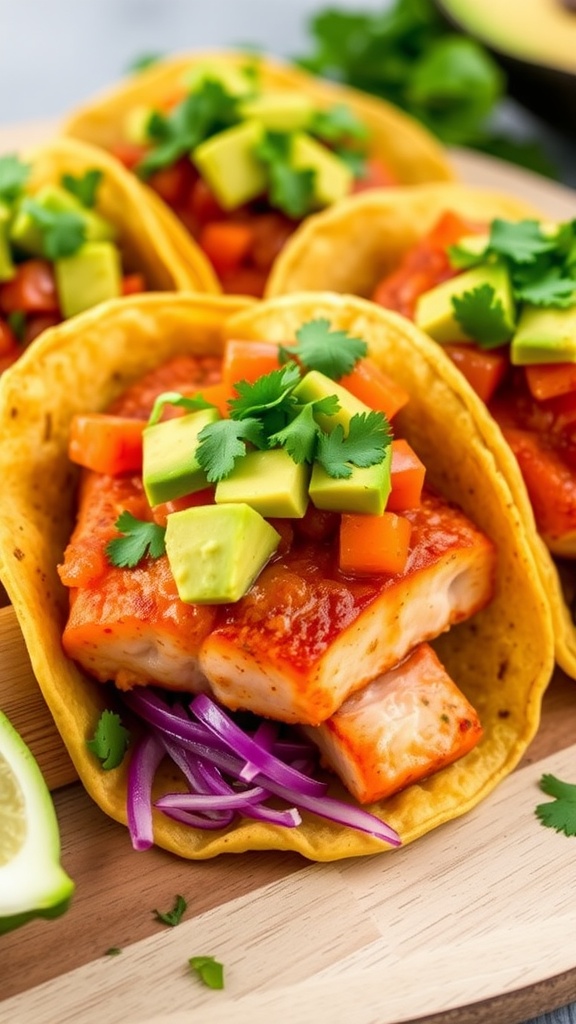 Spicy Salmon Tacos with Avocado Salsa