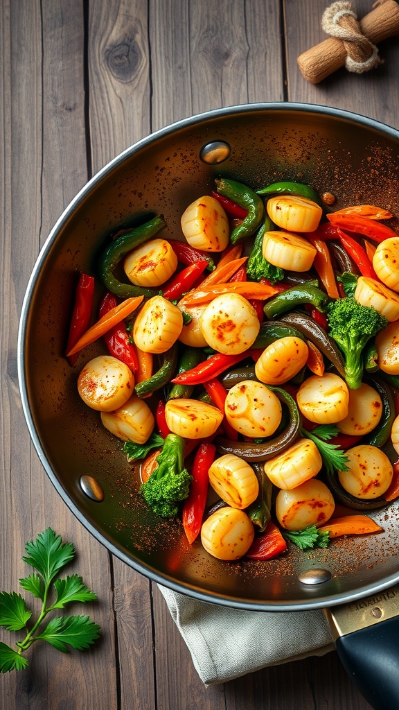 A colorful spicy scallop stir-fry with vegetables in a skillet.