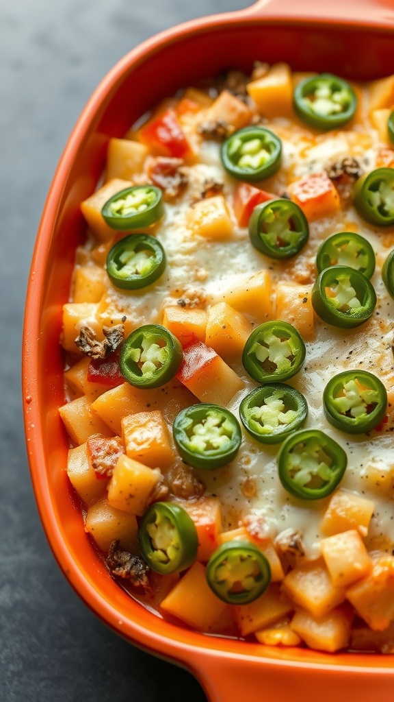 A casserole dish filled with scalloped potatoes topped with sliced jalapeños and cheese