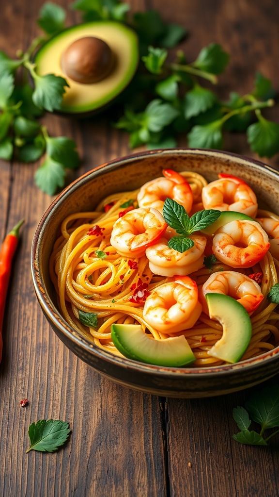 A bowl of spicy shrimp and avocado pasta garnished with herbs and lime.