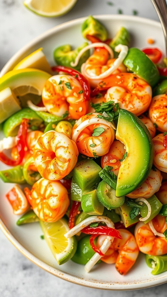 Spicy Shrimp and Avocado Salad with fresh vegetables