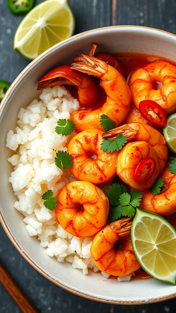 A bowl of spicy shrimp served with coconut rice and lime wedges.