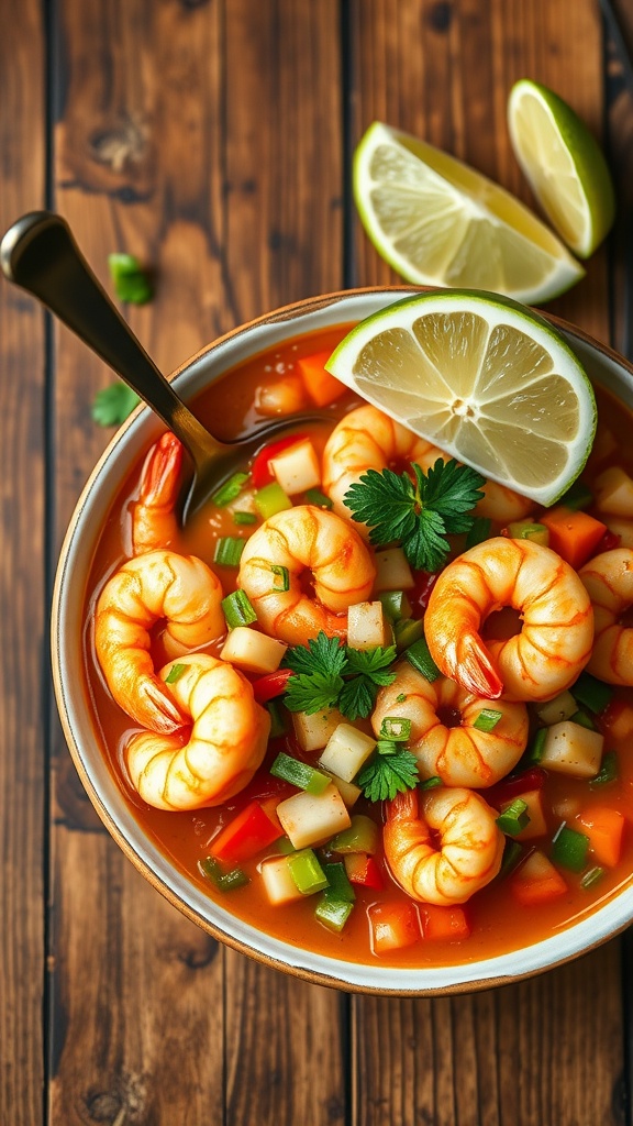 A bowl of spicy shrimp ceviche garnished with lime and fresh herbs.