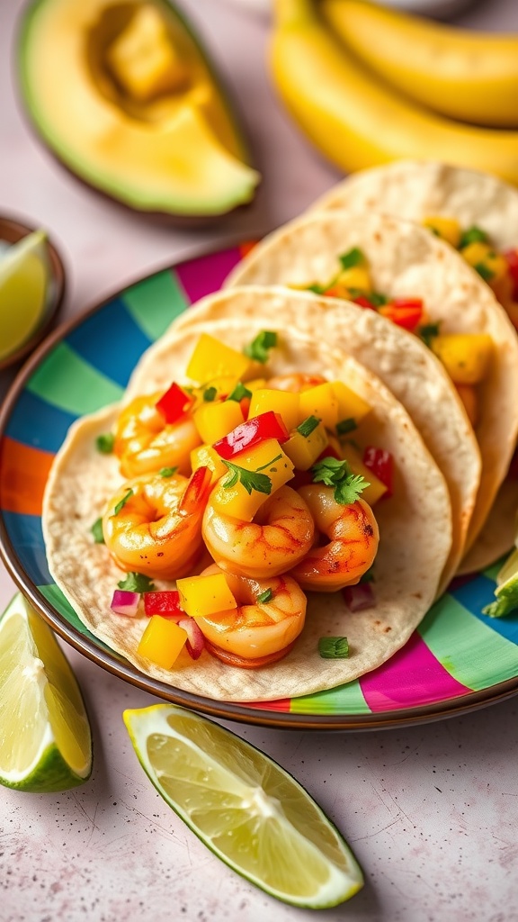 Spicy shrimp tacos with mango salsa, served on colorful plates garnished with lime.