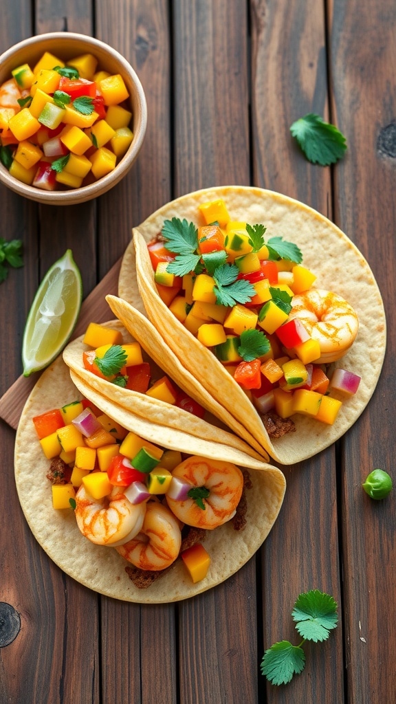 Spicy shrimp tacos with mango salsa on wooden table.