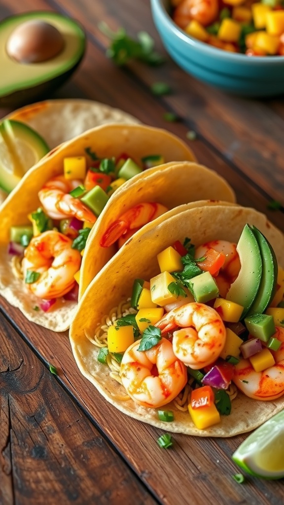 Spicy shrimp tacos with mango salsa on a wooden table.