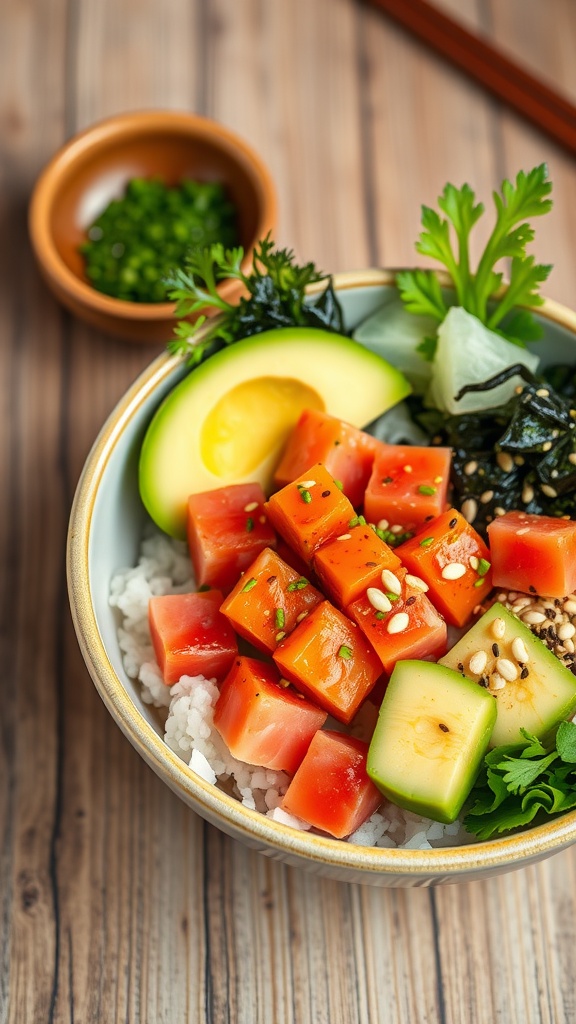 A colorful and fresh spicy tuna poke bowl with avocado, rice, and assorted toppings.
