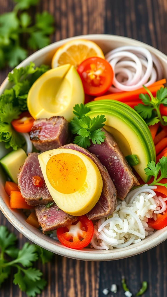 A colorful Spicy Tuna Steak Poke Bowl with fresh vegetables and garnishes.
