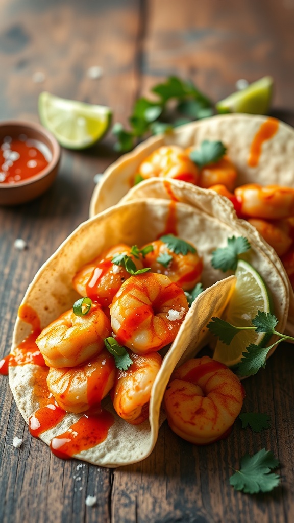 Sriracha honey shrimp tacos served with lime and cilantro