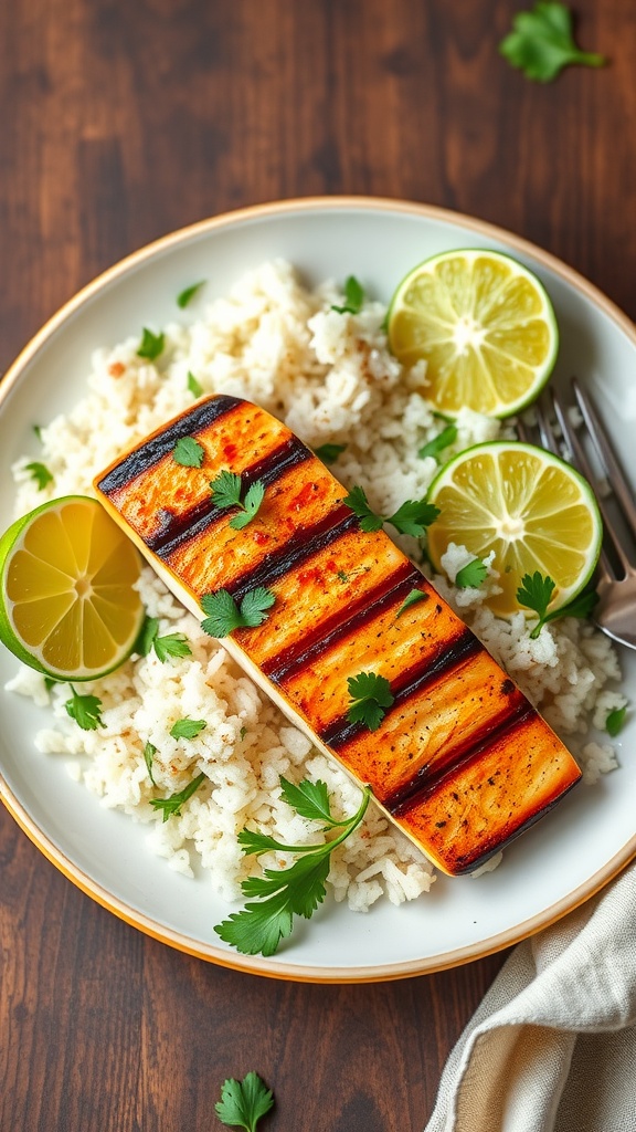 Delicious grilled tilapia garnished with lime and cilantro on a plate