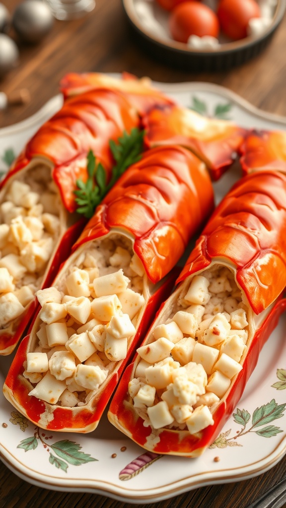 Stuffed lobster tails with crab meat on a decorative plate.