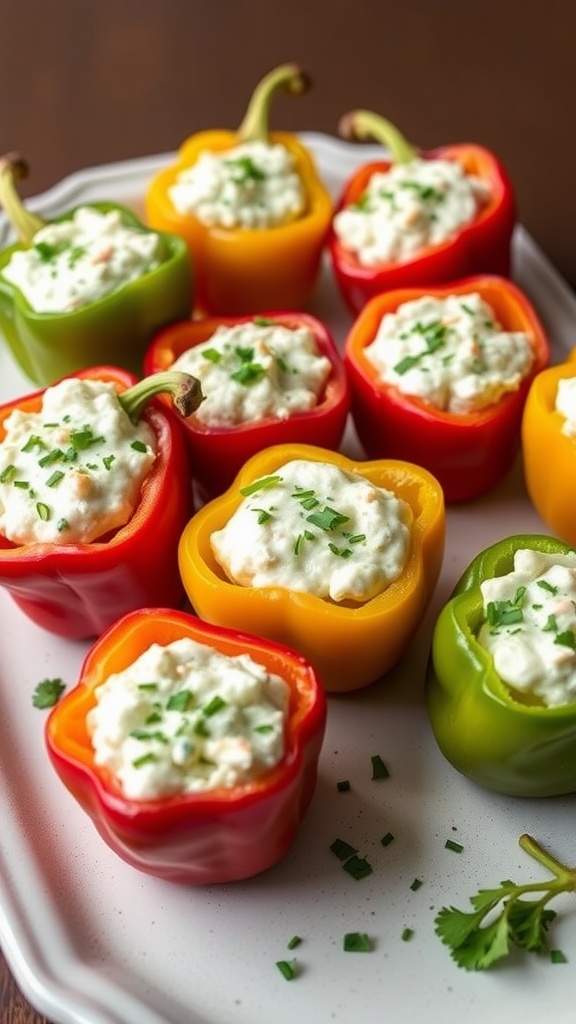 Colorful mini sweet peppers stuffed with creamy crab dip, garnished with chives.