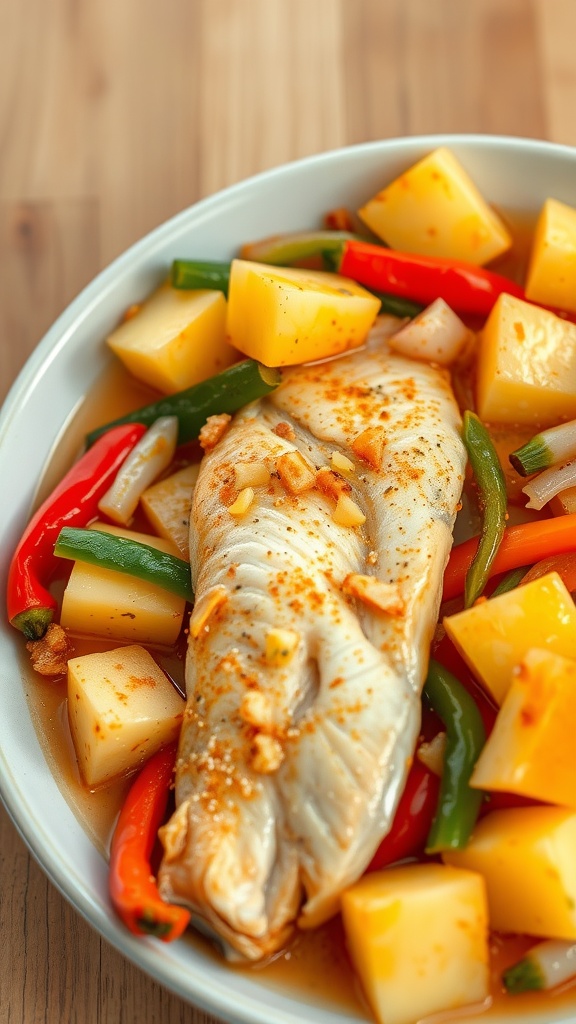 A colorful dish of sweet and sour pineapple fish served with vegetables.