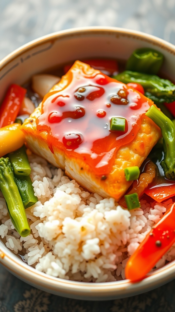 A bowl of sweet and sour salmon stir-fry with vegetables and rice.