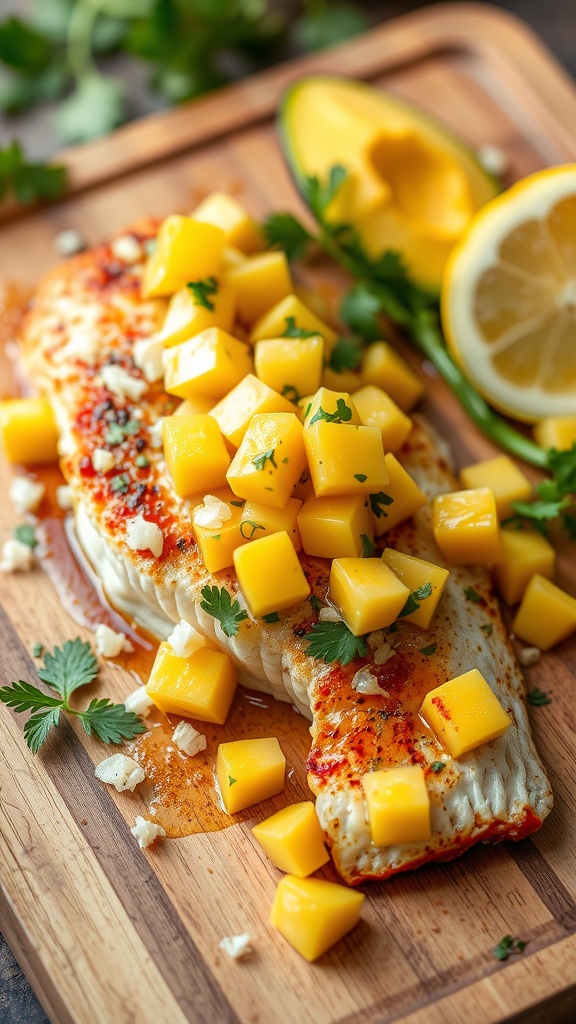 Plate of sweet and spicy catfish with mango salsa on a wooden board.