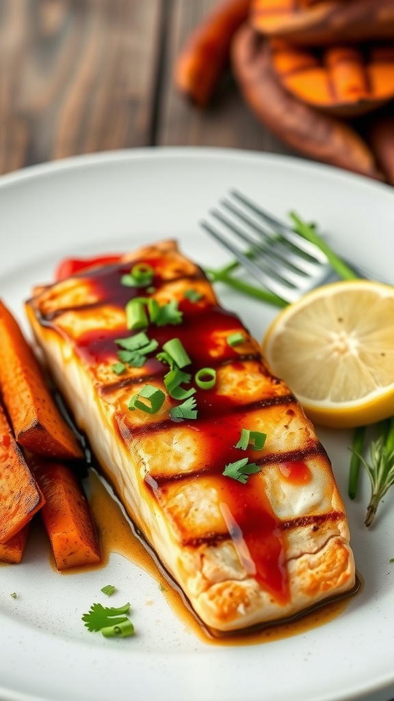 A delicious plate of grilled mahi mahi with a sweet and spicy glaze, served with garnishes.