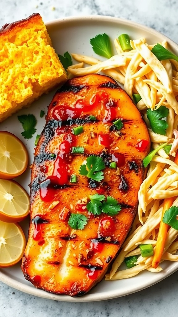 Delicious sweet chili glazed catfish served with cornbread and slaw.