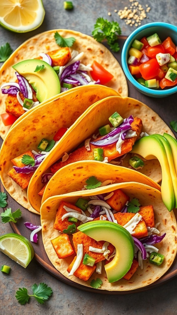 Spicy fish tacos garnished with fresh vegetables and lime.