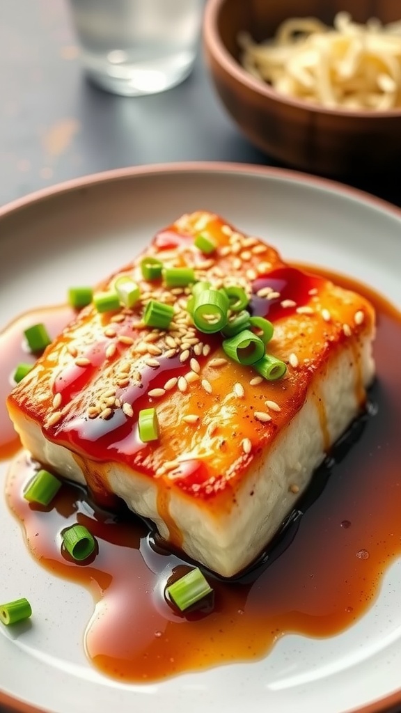 Teriyaki glazed cod fillet garnished with green onions and sesame seeds
