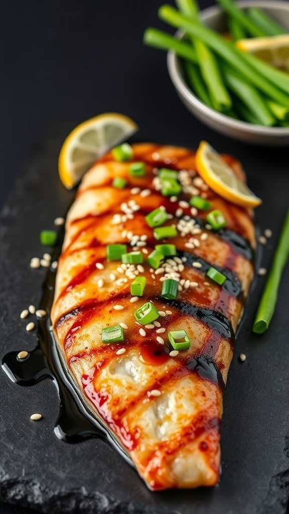 Grilled barramundi fillet glazed with teriyaki sauce, garnished with green onions and sesame seeds.