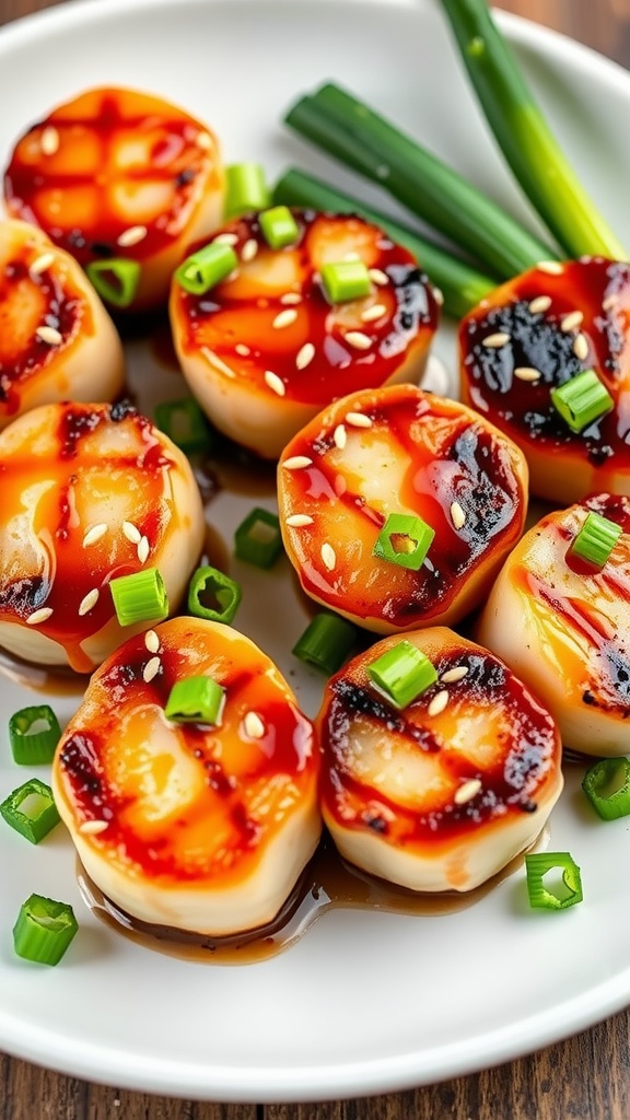 Teriyaki glazed grilled scallops garnished with green onions and sesame seeds