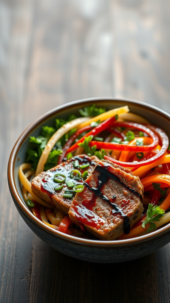 A delicious plate of teriyaki glazed tuna with colorful stir-fried vegetables.