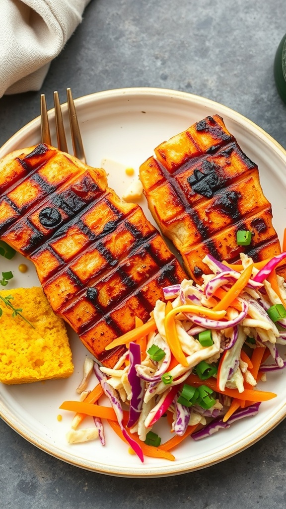 Teriyaki Grilled Catfish served with slaw and cornbread
