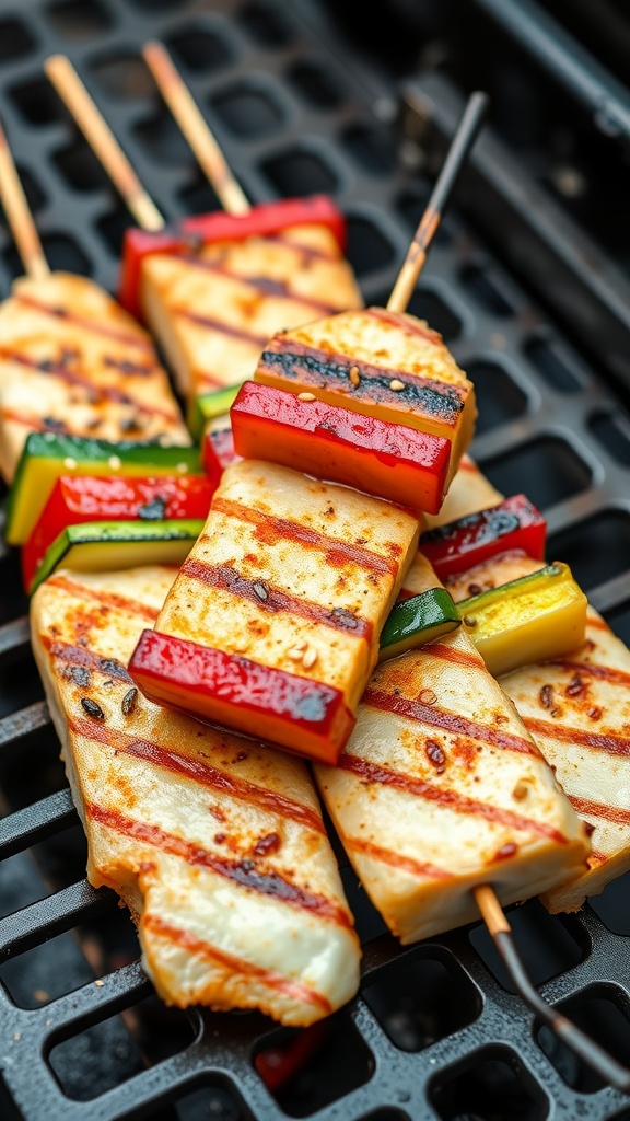 Grilled tilapia skewers with vegetables on a grill.