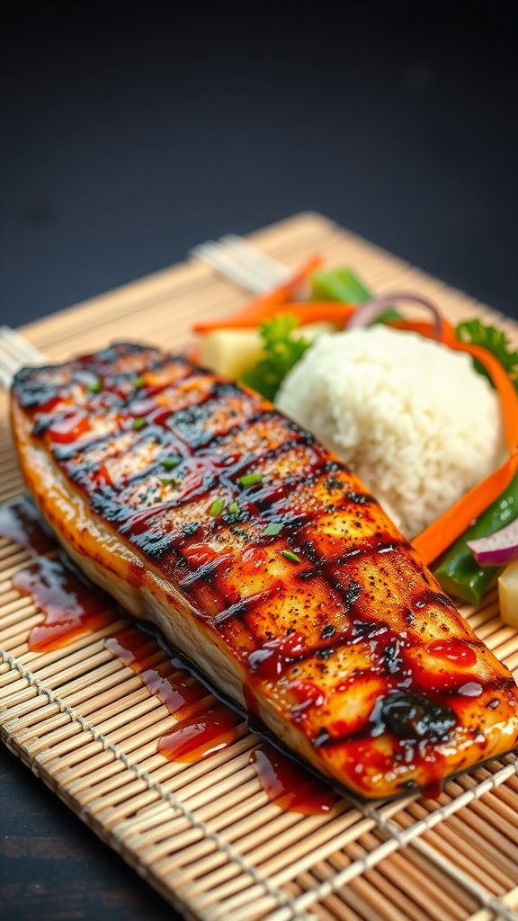 Grilled trout with teriyaki sauce served with rice and vegetables